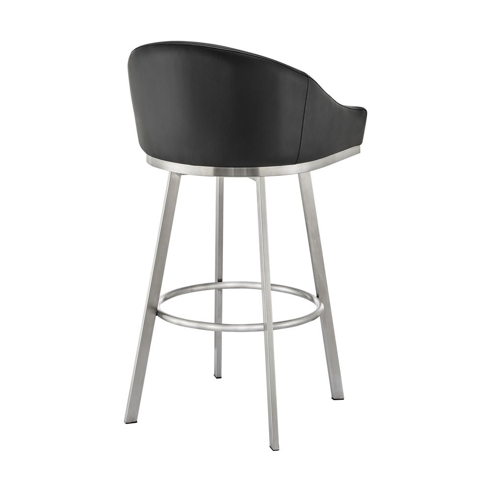 Noran Swivel Bar Stool in Brushed Stainless Steel with Black Faux Leather. Picture 3