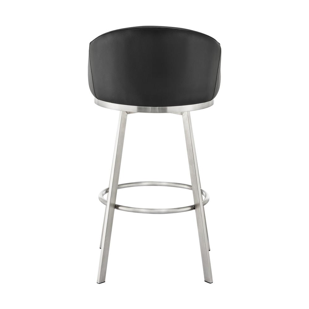 Noran Swivel Bar Stool in Brushed Stainless Steel with Black Faux Leather. Picture 4