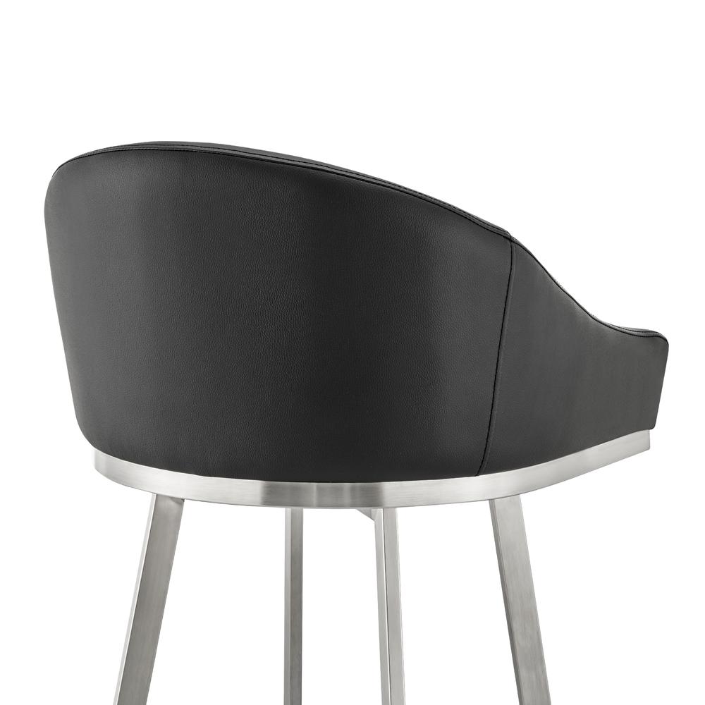 Noran Swivel Bar Stool in Brushed Stainless Steel with Black Faux Leather. Picture 6