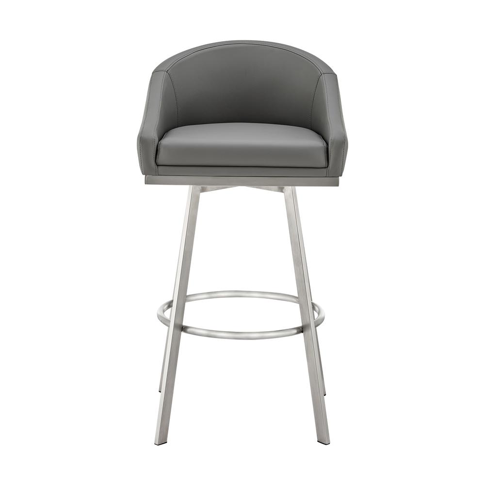 Noran Swivel Bar Stool in Brushed Stainless Steel with Grey Faux Leather. Picture 1