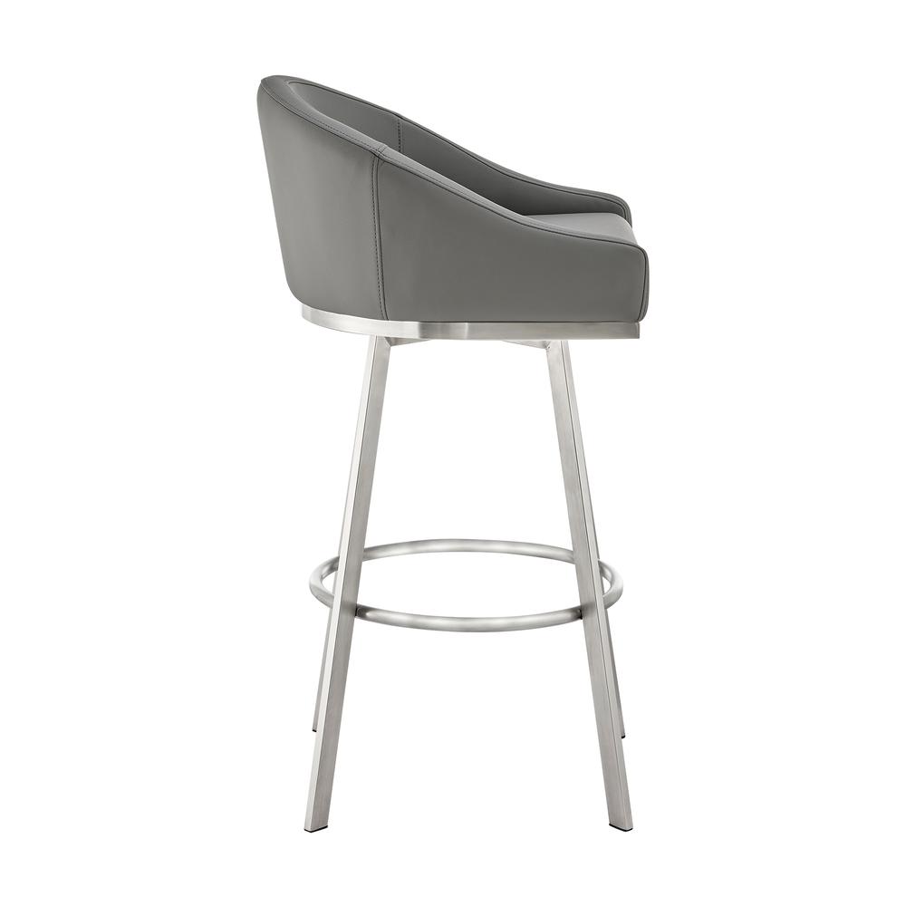 Noran Swivel Bar Stool in Brushed Stainless Steel with Grey Faux Leather. Picture 2