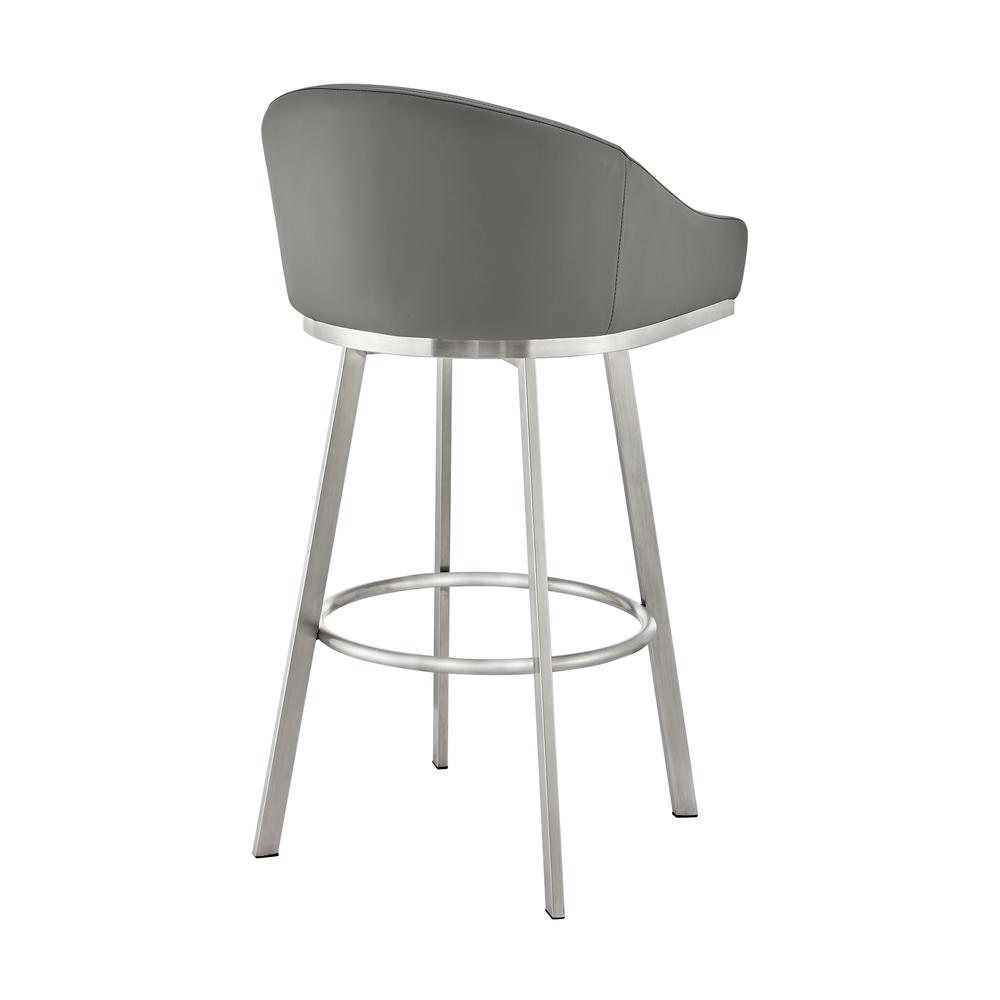 Noran Swivel Bar Stool in Brushed Stainless Steel with Grey Faux Leather. Picture 3
