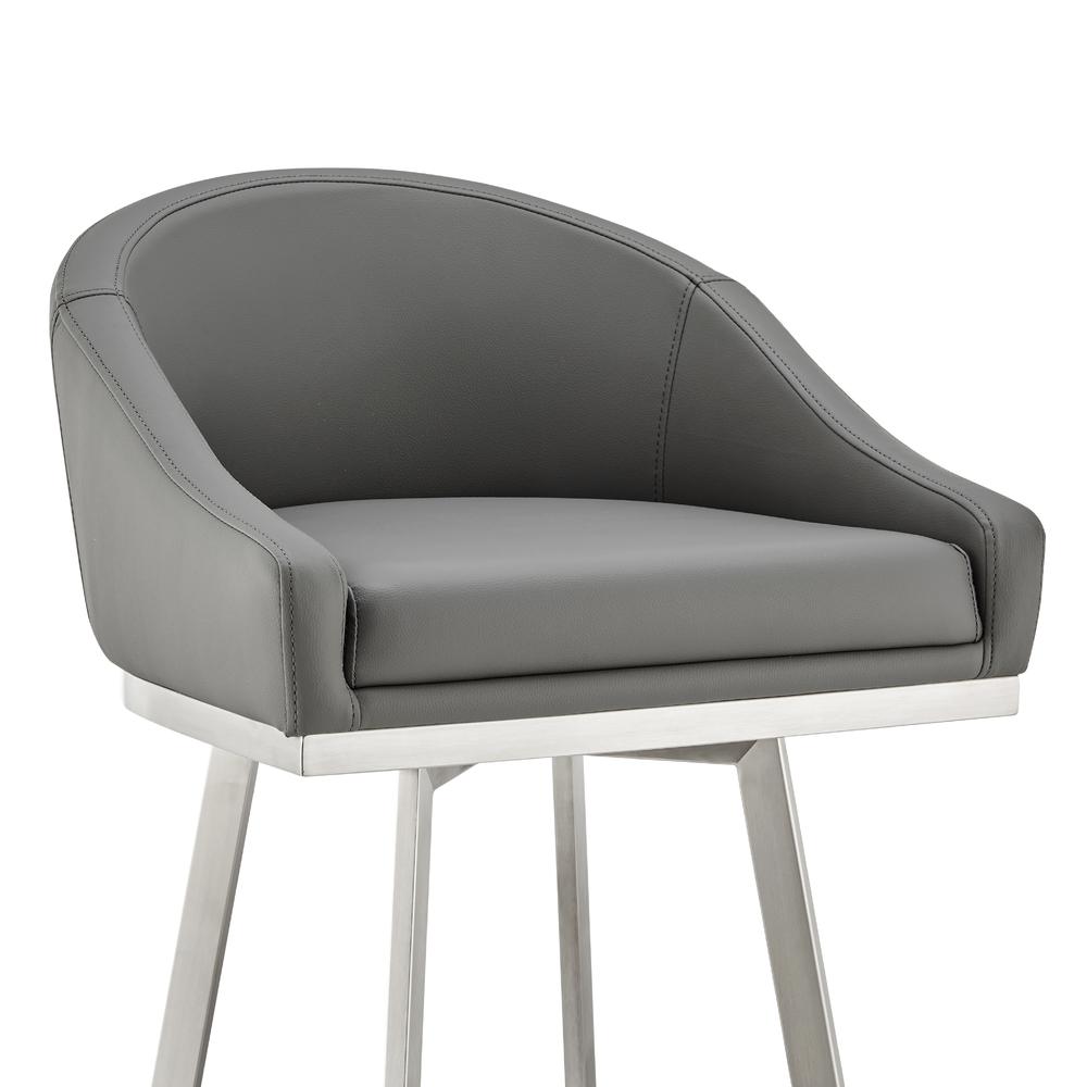 Noran Swivel Bar Stool in Brushed Stainless Steel with Grey Faux Leather. Picture 5