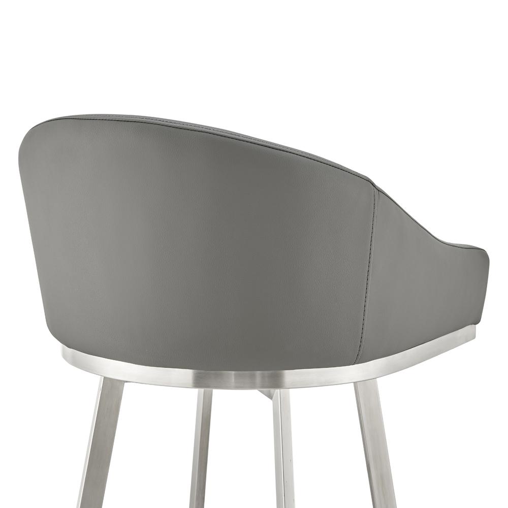 Noran Swivel Bar Stool in Brushed Stainless Steel with Grey Faux Leather. Picture 6
