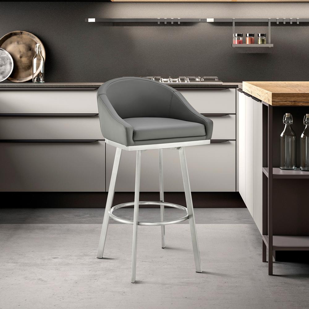 Noran Swivel Bar Stool in Brushed Stainless Steel with Grey Faux Leather. Picture 10