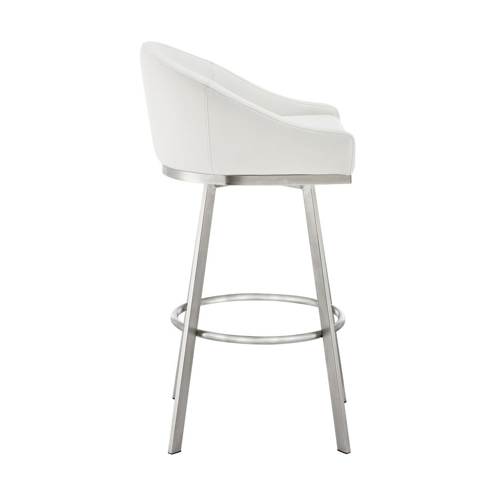 Noran Swivel Counter Stool in Brushed Stainless Steel with White Faux Leather. Picture 2