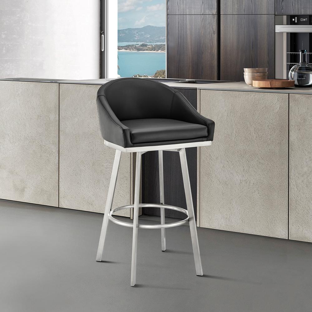 Noran Swivel Counter Stool in Brushed Stainless Steel and Black Faux Leather. Picture 10