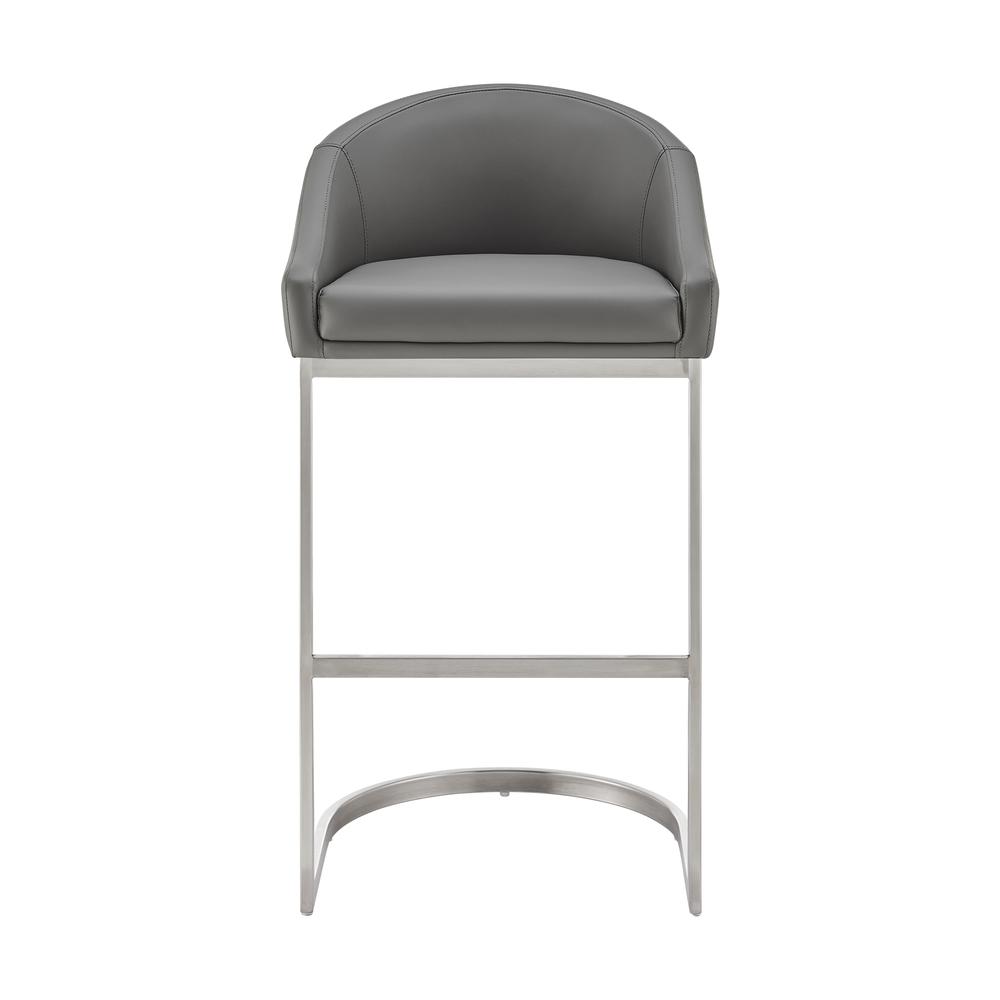 Atherik Bar Stool in Brushed Stainless Steel with Grey Faux Leather. Picture 1
