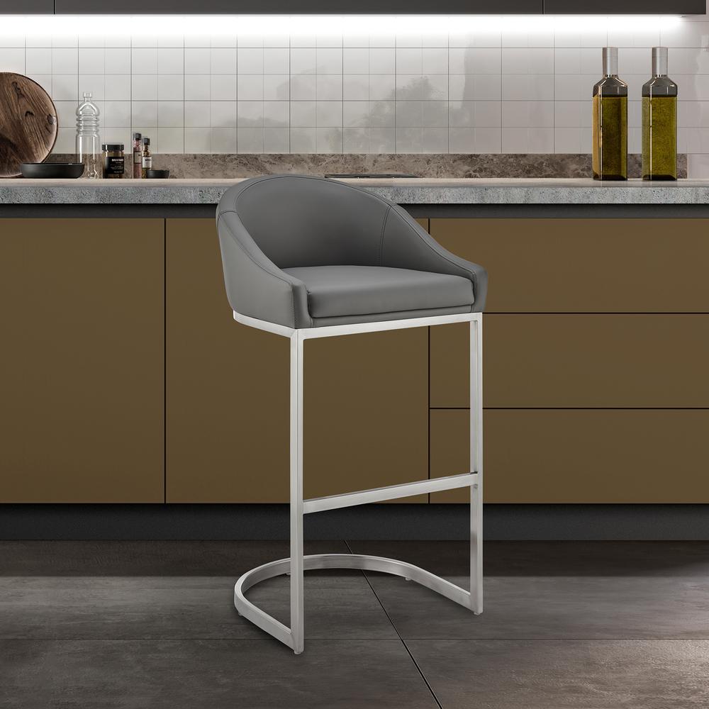 Atherik Bar Stool in Brushed Stainless Steel with Grey Faux Leather. Picture 10