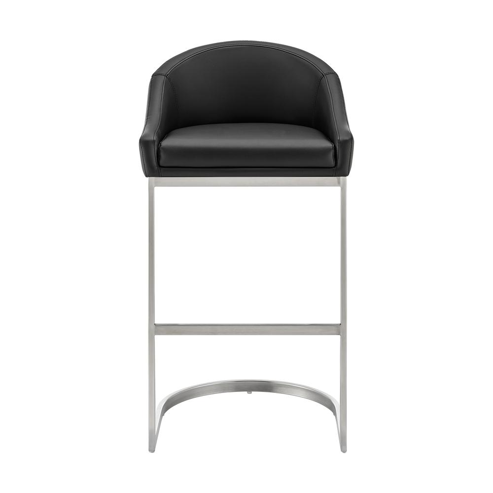 Atherik Bar Stool in Brushed Stainless Steel with Black Faux Leather. Picture 1