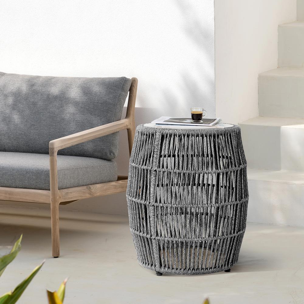 Emory Indoor Outdoor Garden Stool End Table in Grey Rope and Grey Stone. Picture 6