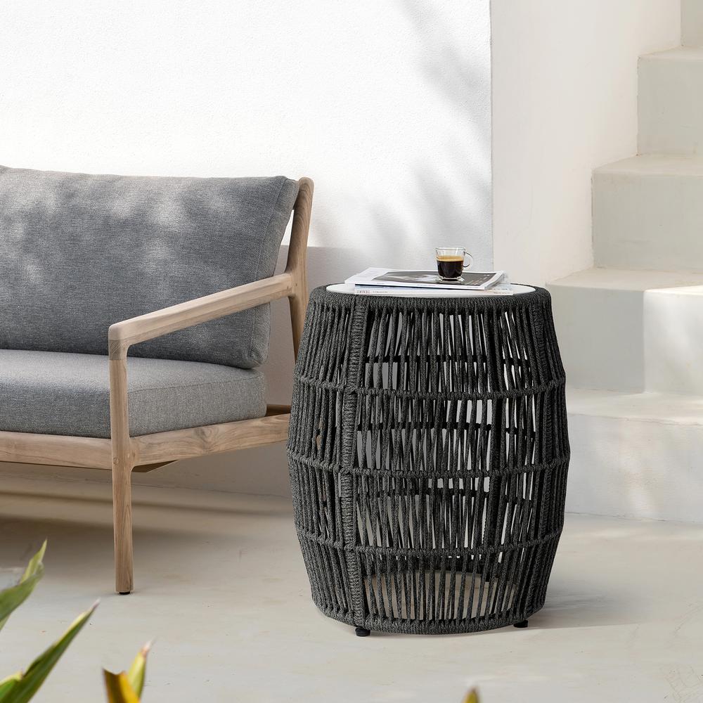 Emory Indoor Outdoor Garden Stool End Table in Charcoal Rope and Grey Stone. Picture 6