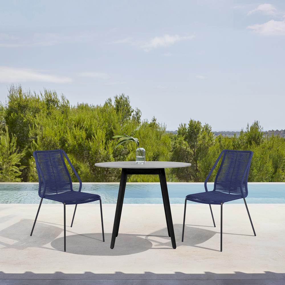 Sydney and Clip 3 Piece Outdoor Patio 36" Dining Set in Black Eucalyptus Wood and Blue Rope. Picture 14