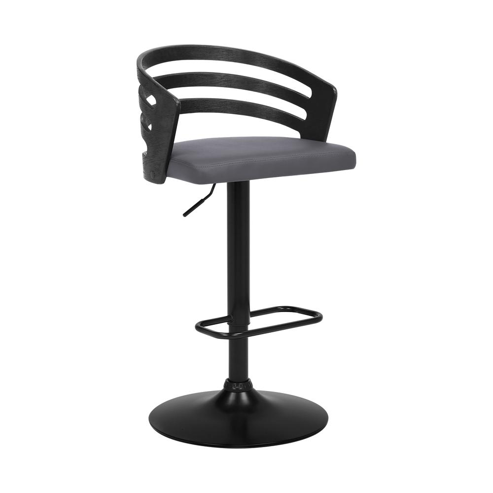 Adele Adjustable Height Swivel Grey Faux Leather and Black Wood Bar Stool with Black Base. Picture 1
