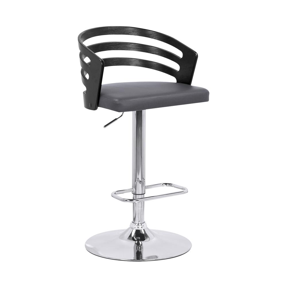Adele Adjustable Height Swivel Grey Faux Leather and Black Wood Bar Stool with Chrome Base. Picture 1