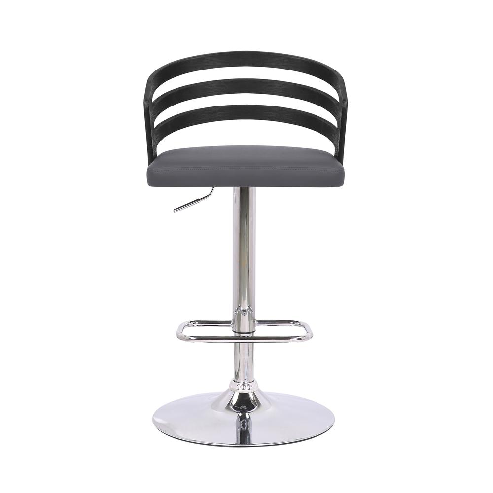 Adele Adjustable Height Swivel Grey Faux Leather and Black Wood Bar Stool with Chrome Base. Picture 2