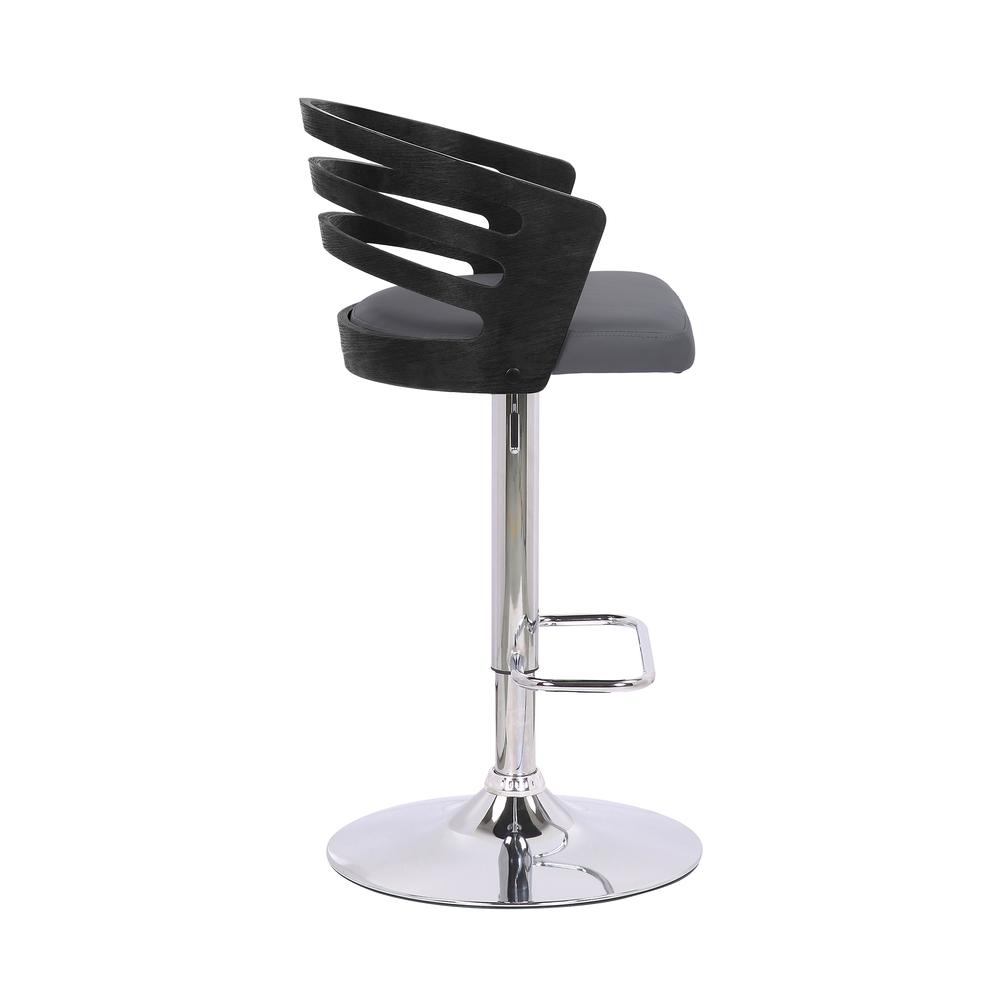 Adele Adjustable Height Swivel Grey Faux Leather and Black Wood Bar Stool with Chrome Base. Picture 3