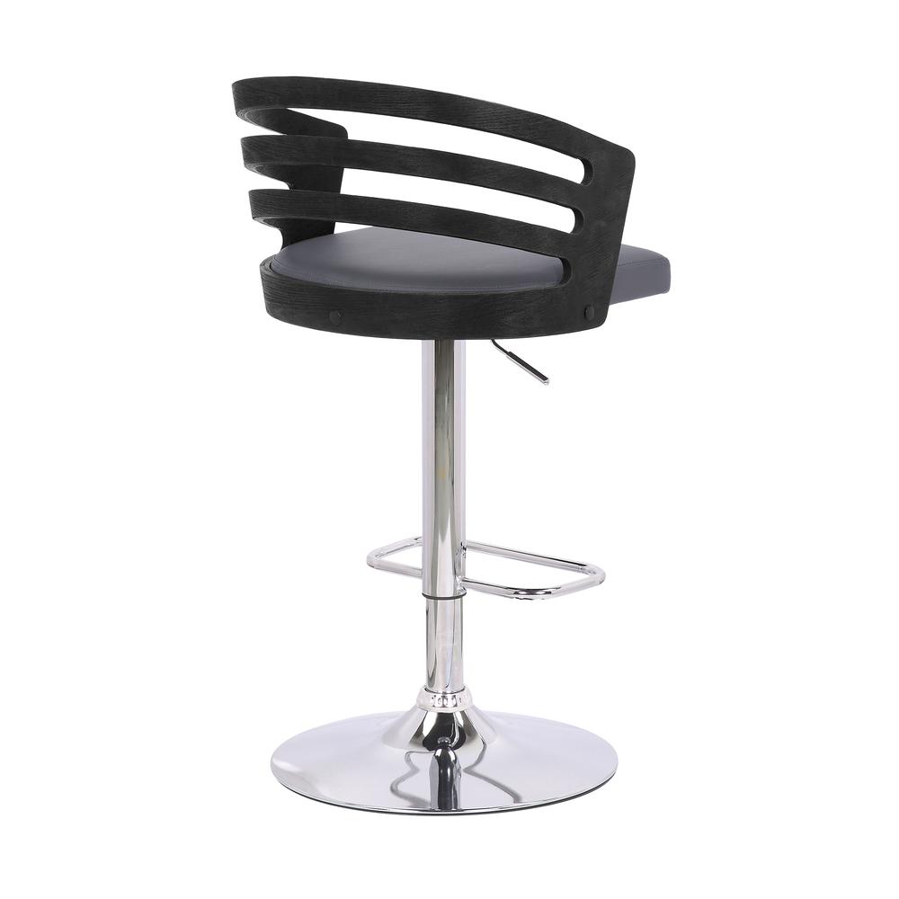 Adele Adjustable Height Swivel Grey Faux Leather and Black Wood Bar Stool with Chrome Base. Picture 4