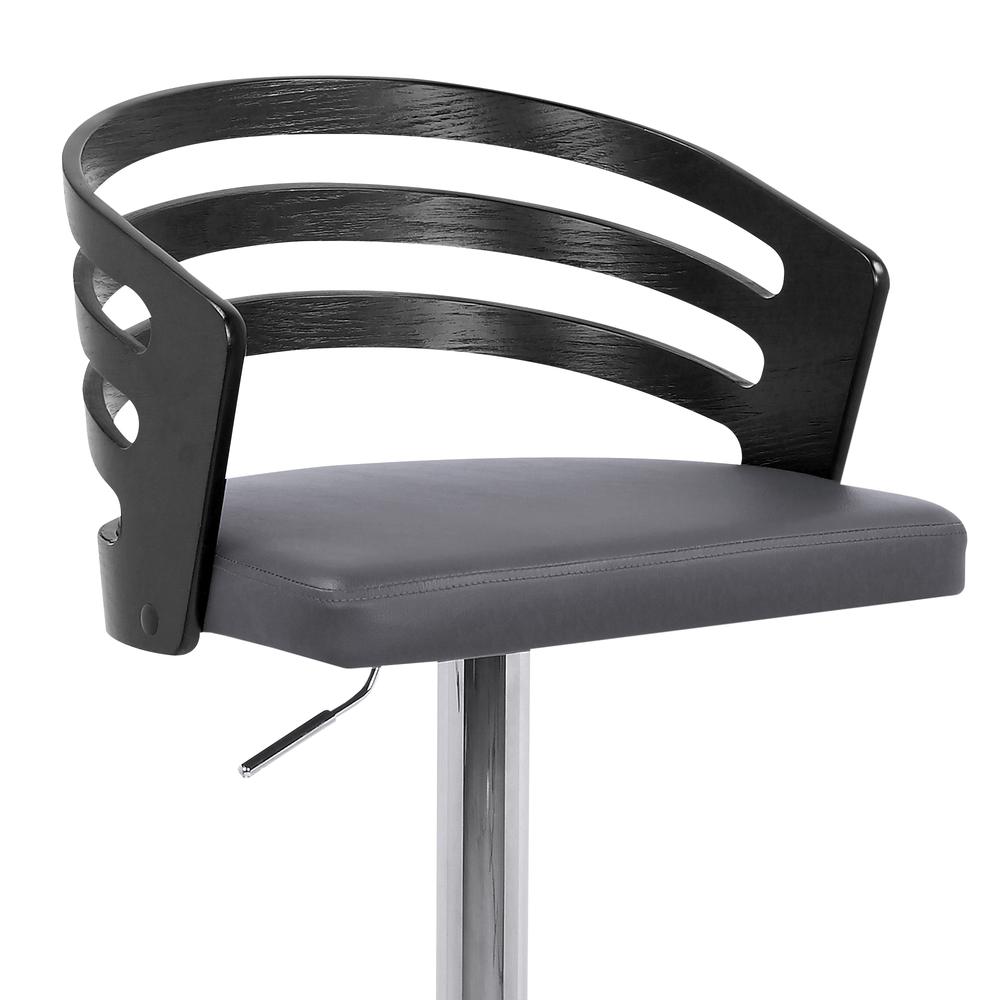 Adele Adjustable Height Swivel Grey Faux Leather and Black Wood Bar Stool with Chrome Base. Picture 6