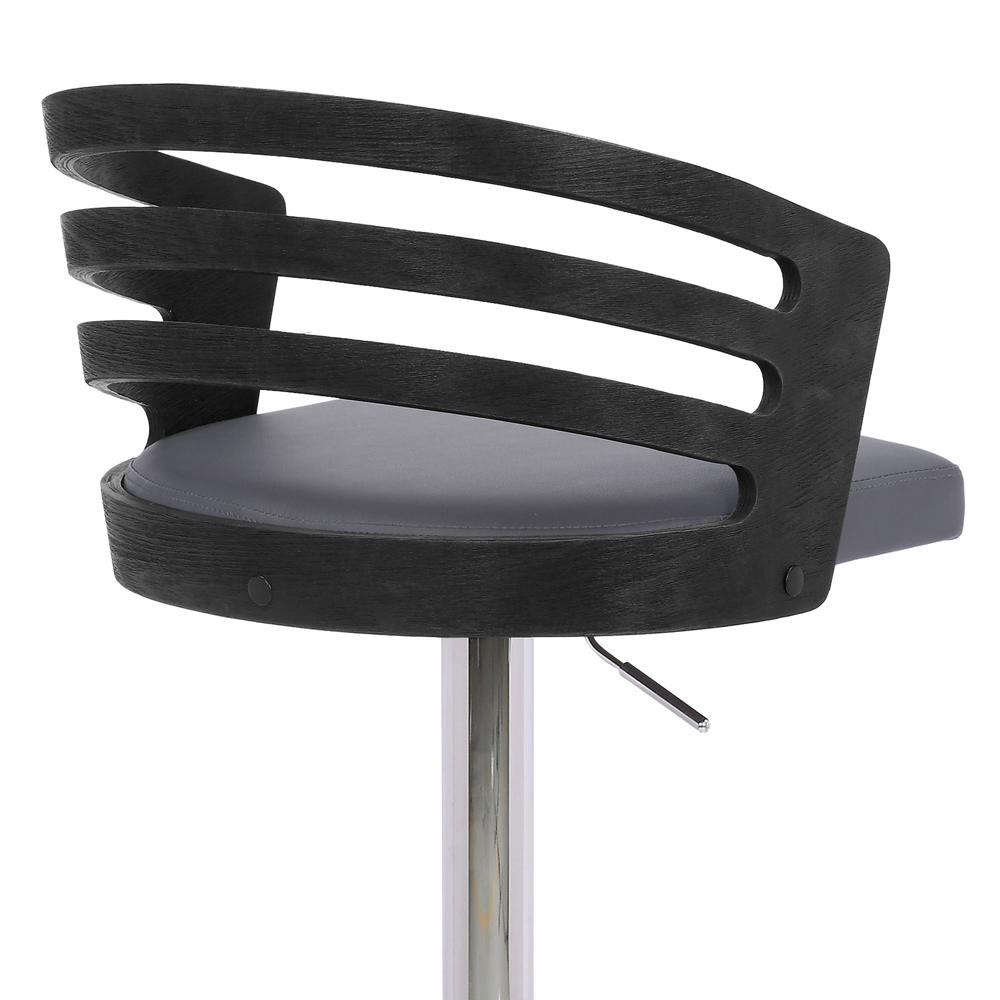 Adele Adjustable Height Swivel Grey Faux Leather and Black Wood Bar Stool with Chrome Base. Picture 7