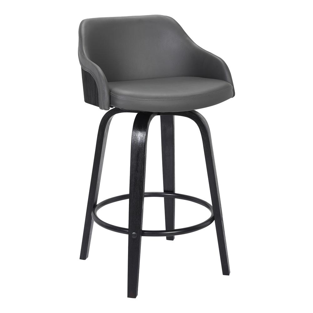 Alec Contemporary 26" Counter Height Swivel Barstool in Black Brush Wood Finish and Grey Faux Leather. Picture 1