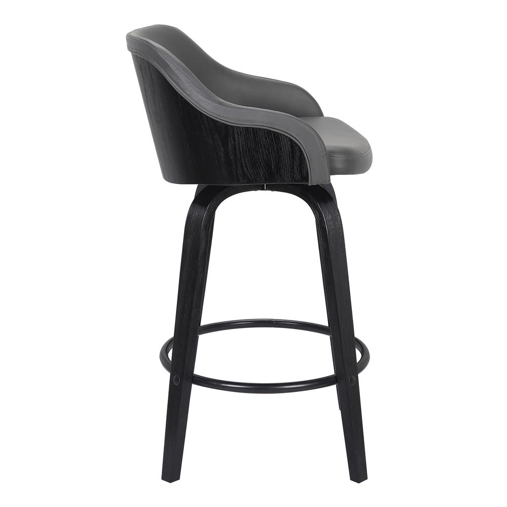 Contemporary 30" Bar Height Swivel Barstool Black Brush Wood Finish and Grey Faux Leather. Picture 3
