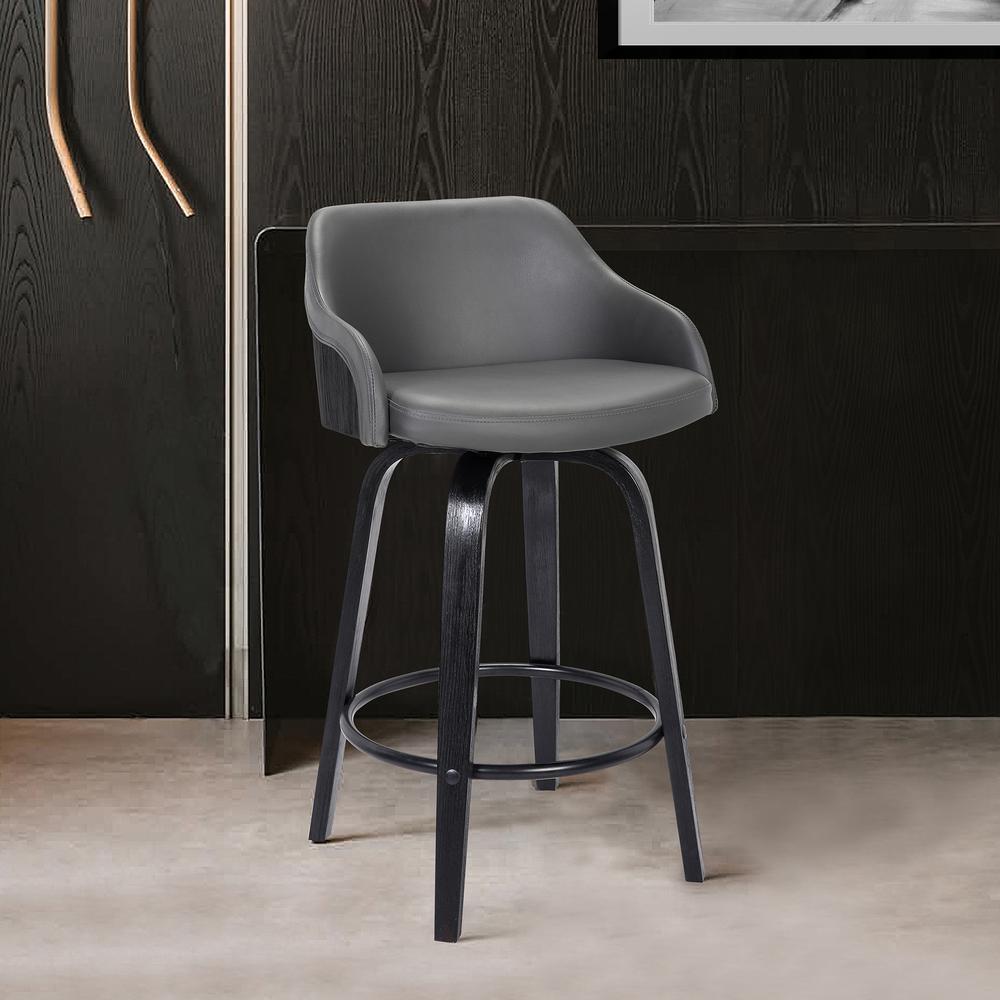 Contemporary 30" Bar Height Swivel Barstool Black Brush Wood Finish and Grey Faux Leather. Picture 6