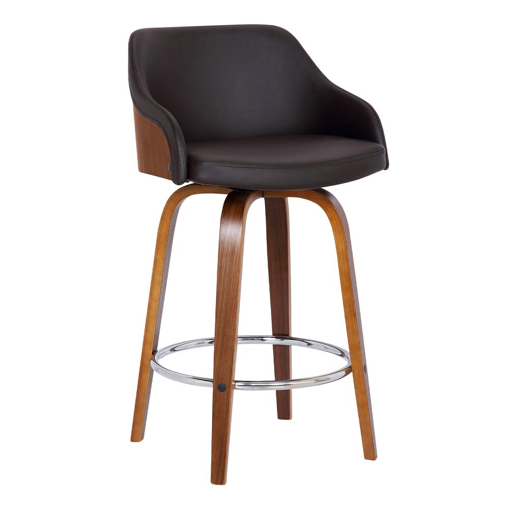 Contemporary 26" Counter Height Swivel Barstool in Walnut Wood Finish and Brown Faux Leather. Picture 1