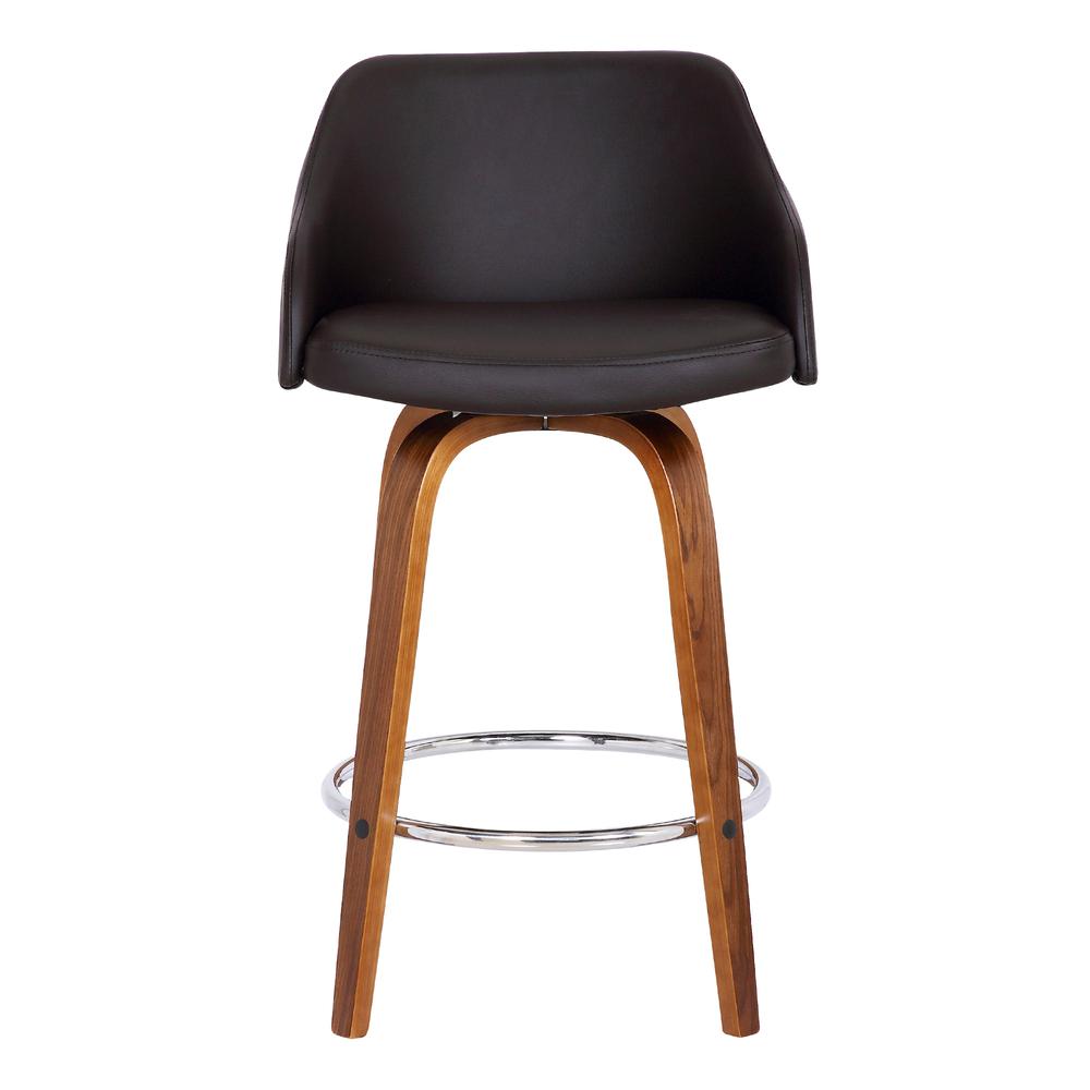 Alec Contemporary 26" Counter Height Swivel Barstool in Walnut Wood Finish and Brown Faux Leather. Picture 2