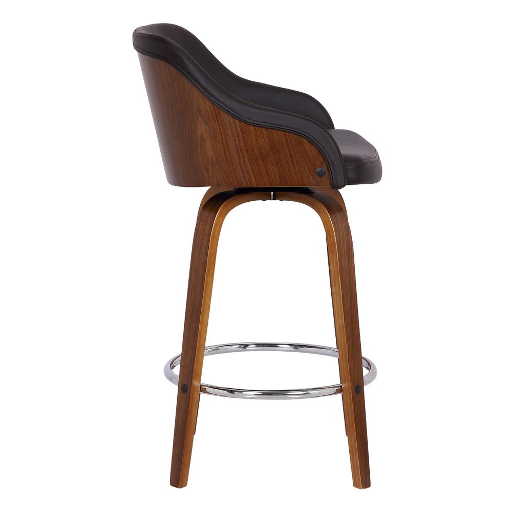 Alec Contemporary 26" Counter Height Swivel Barstool in Walnut Wood Finish and Brown Faux Leather. Picture 3