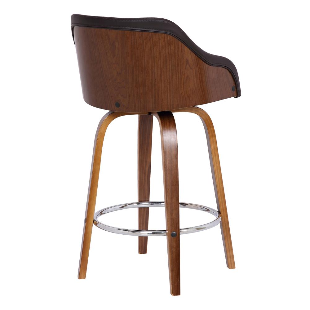 Alec Contemporary 26" Counter Height Swivel Barstool in Walnut Wood Finish and Brown Faux Leather. Picture 4
