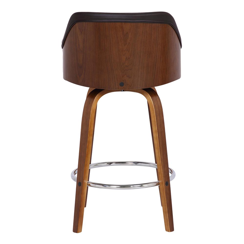 Alec Contemporary 26" Counter Height Swivel Barstool in Walnut Wood Finish and Brown Faux Leather. Picture 5
