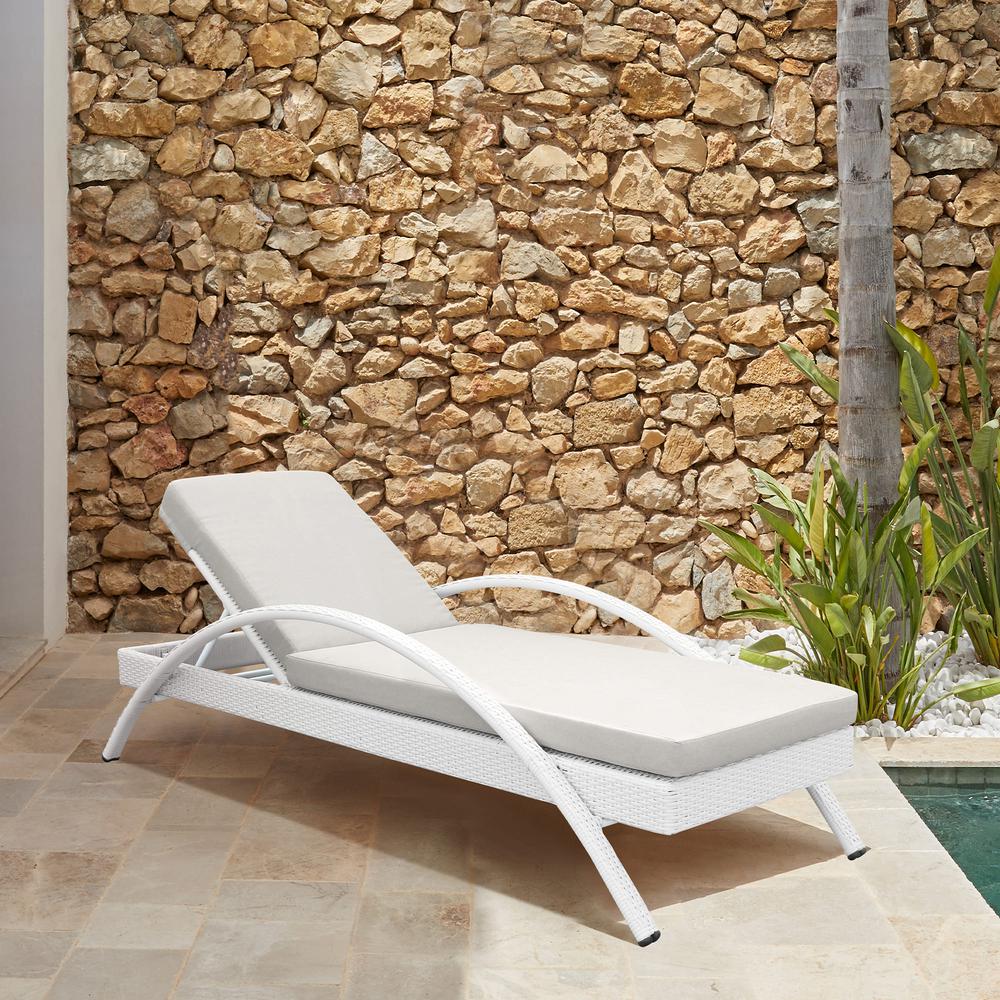 Aloha Adjustable Patio Outdoor Chaise Lounge Chair in White Wicker and Grey Cushions. Picture 9