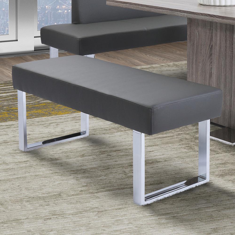 Contemporary Dining Bench in Gray Faux Leather and Chrome Finish. Picture 3