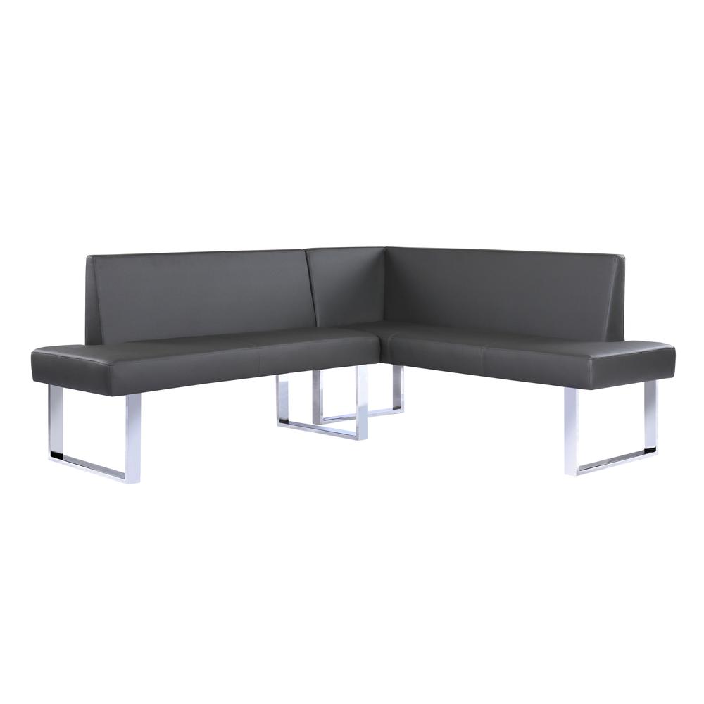 Armen Living Amanda Contemporary Nook Corner Dining Bench in Gray Faux Leather and Chrome Finish. Picture 1