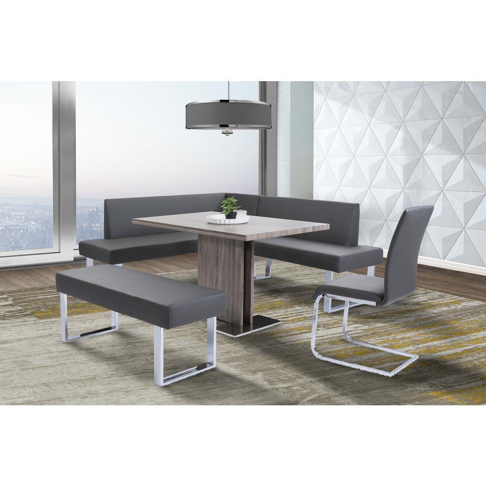 Contemporary Nook Corner Dining Bench in Gray Faux Leather and Chrome Finish. Picture 3