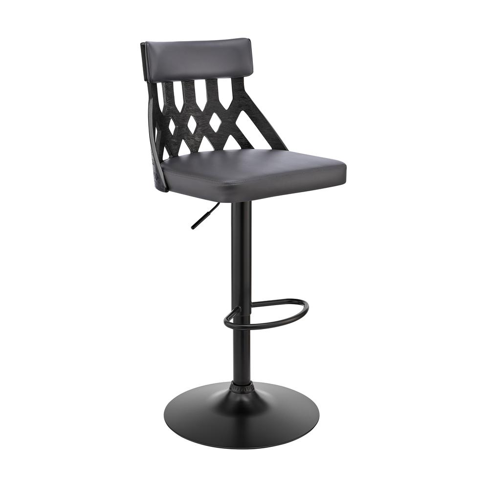 Angelo Adjustable Swivel Grey Faux Leather & Black Wood Bar Stool with Black Base. Picture 1