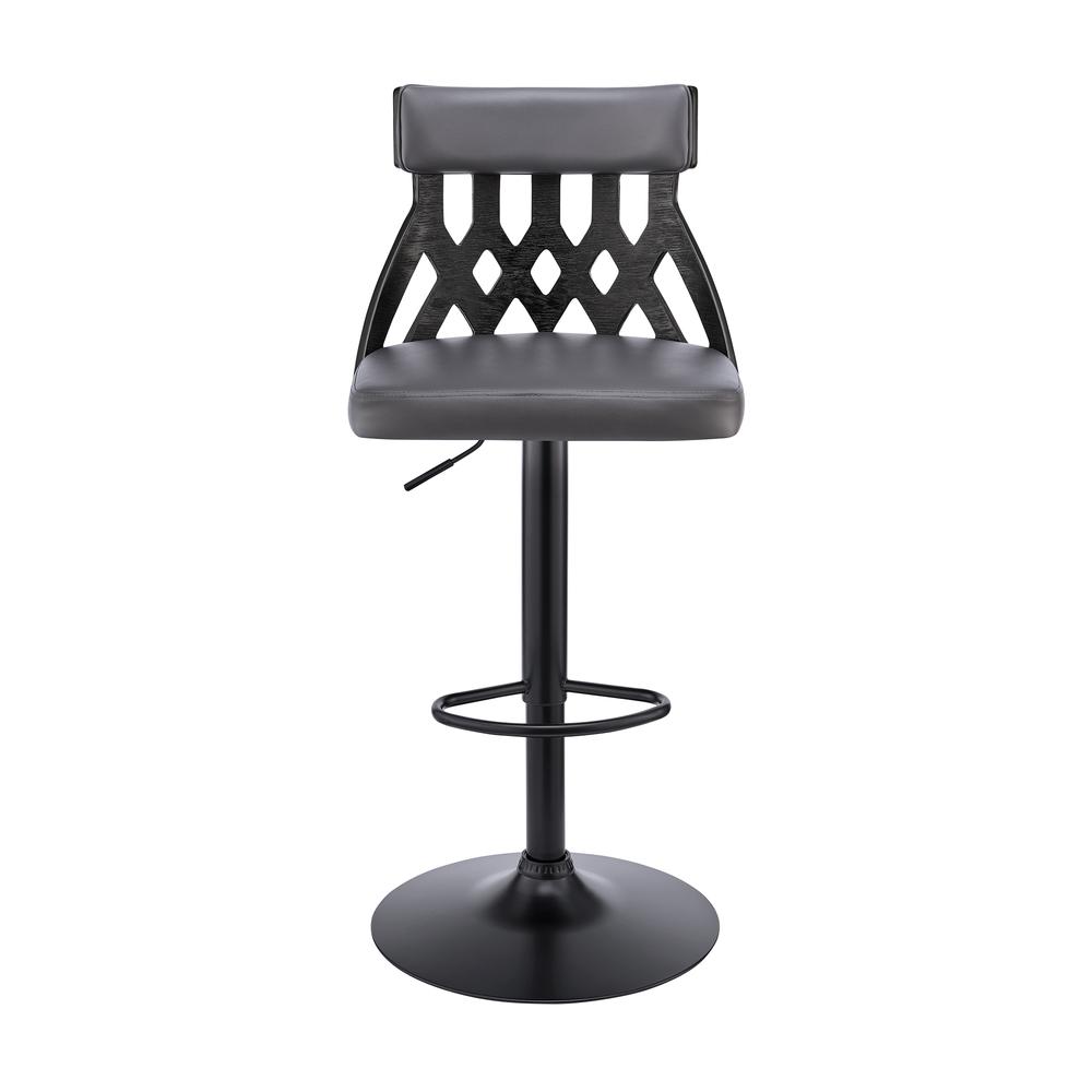 Angelo Adjustable Swivel Grey Faux Leather & Black Wood Bar Stool with Black Base. Picture 2