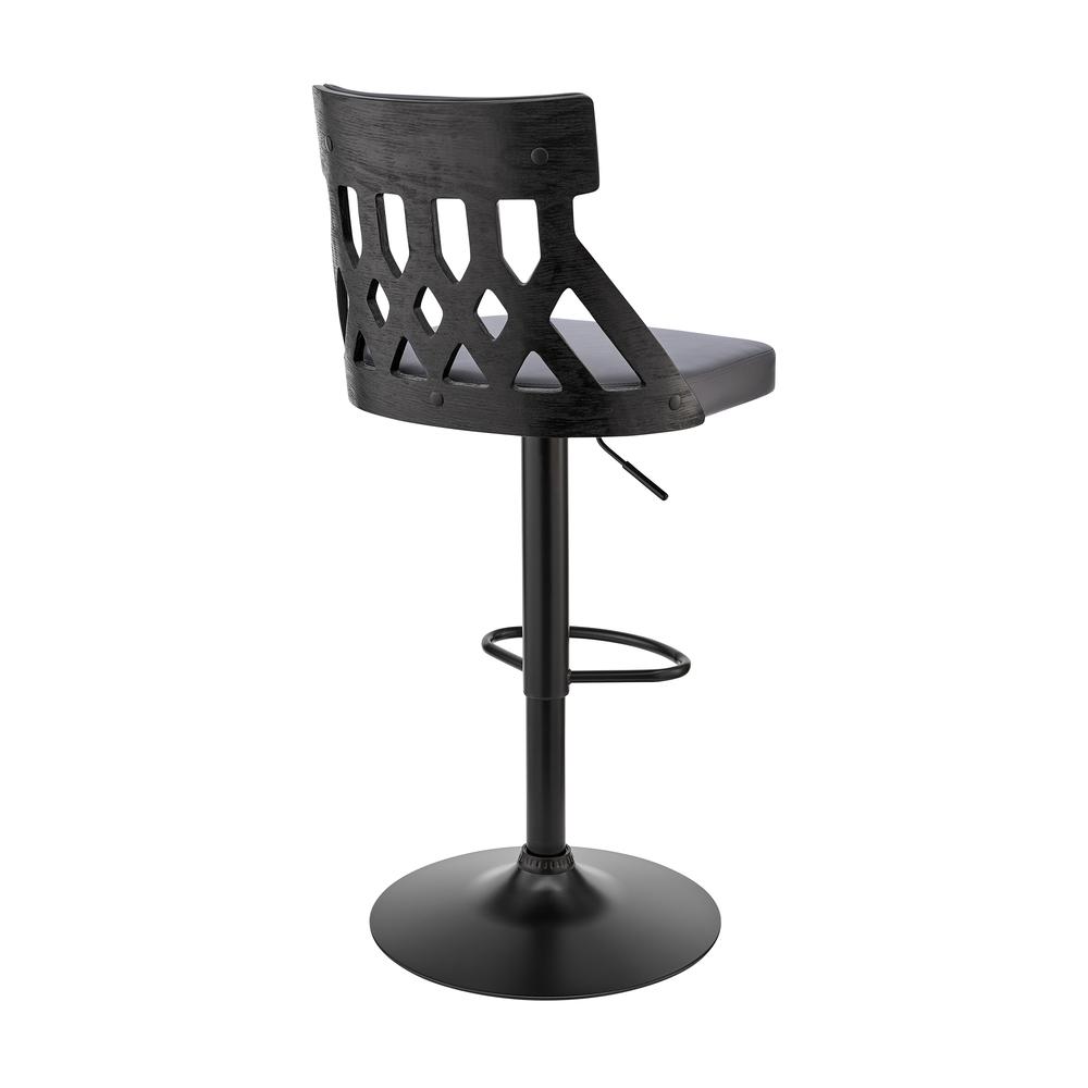 Angelo Adjustable Swivel Grey Faux Leather & Black Wood Bar Stool with Black Base. Picture 4