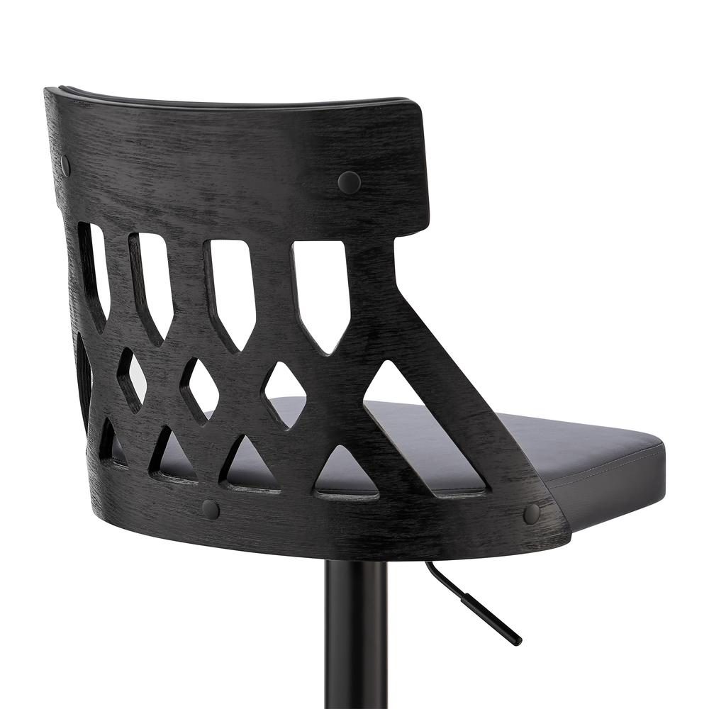 Angelo Adjustable Swivel Grey Faux Leather & Black Wood Bar Stool with Black Base. Picture 7