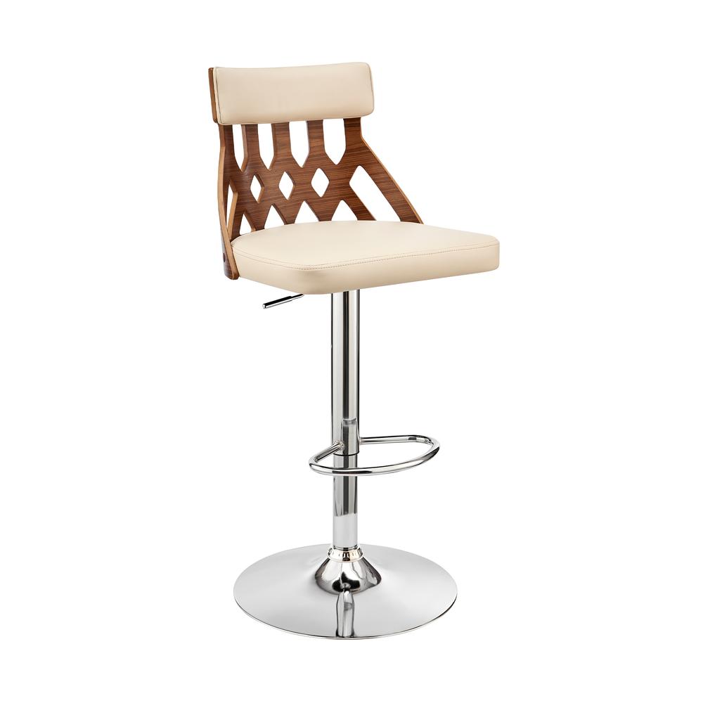 Angelo Adjustable Swivel Cream Faux Leather & Walnut Wood Bar Stool with Chrome Base. Picture 1