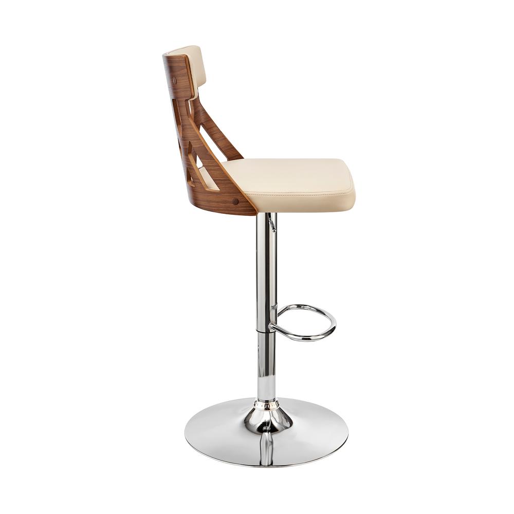 Angelo Adjustable Swivel Cream Faux Leather & Walnut Wood Bar Stool with Chrome Base. Picture 2