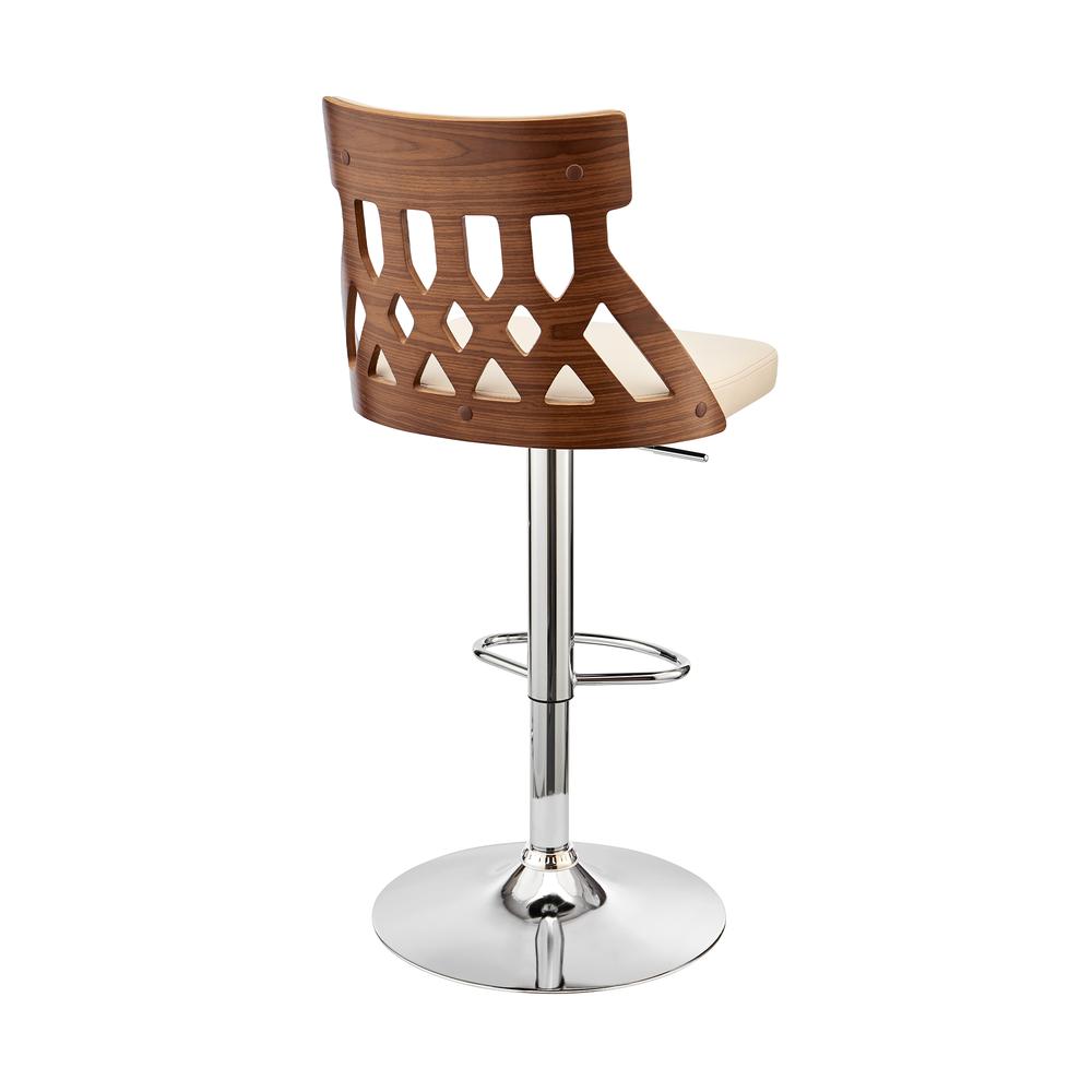 Angelo Adjustable Swivel Cream Faux Leather & Walnut Wood Bar Stool with Chrome Base. Picture 3