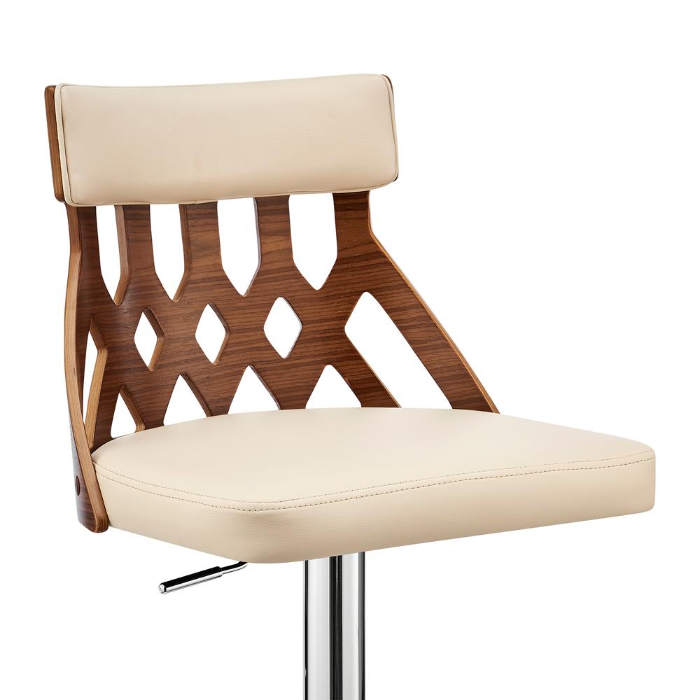 Angelo Adjustable Swivel Cream Faux Leather & Walnut Wood Bar Stool with Chrome Base. Picture 5