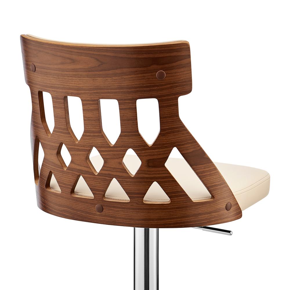 Angelo Adjustable Swivel Cream Faux Leather & Walnut Wood Bar Stool with Chrome Base. Picture 6