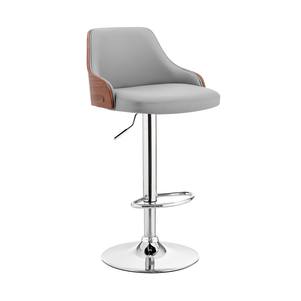 Asher Adjustable Gray Faux Leather and Chrome Finish Bar Stool. Picture 1