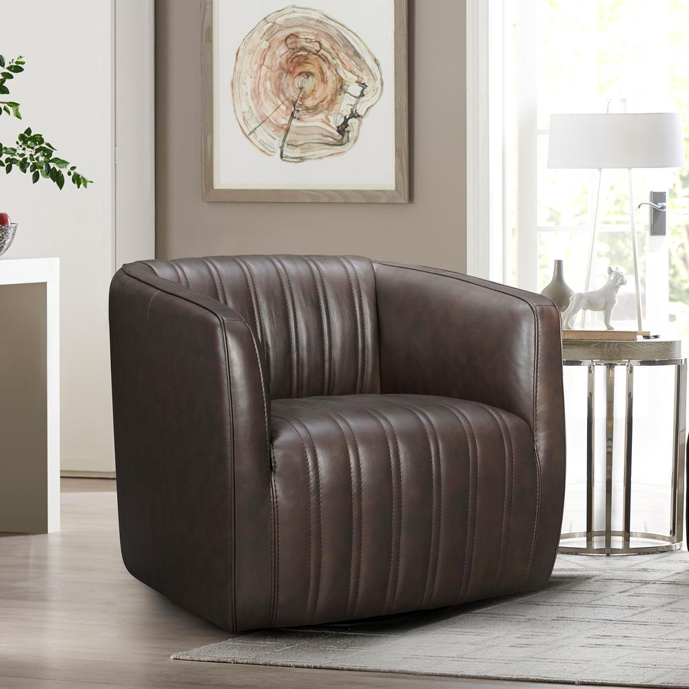 Aries Leather Swivel Barrel Chair, Espresso. Picture 2