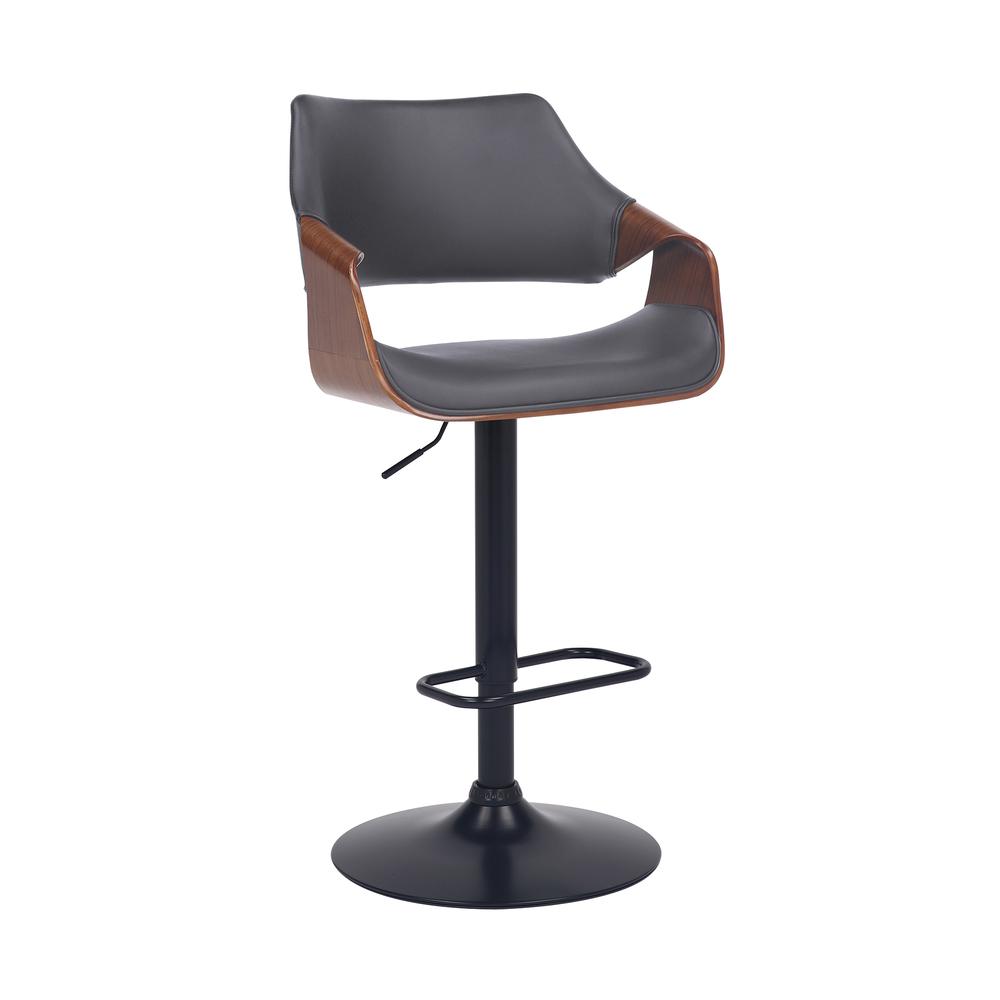 Aspen Adjustable Swivel Grey Faux Leather and Walnut Wood Bar Stool with Black Base. Picture 1