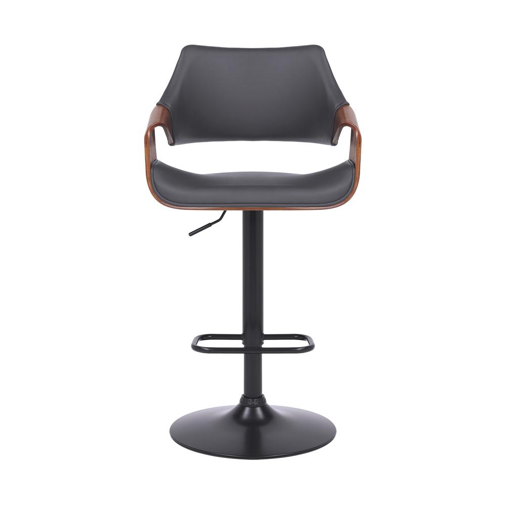 Aspen Adjustable Swivel Grey Faux Leather and Walnut Wood Bar Stool with Black Base. Picture 2