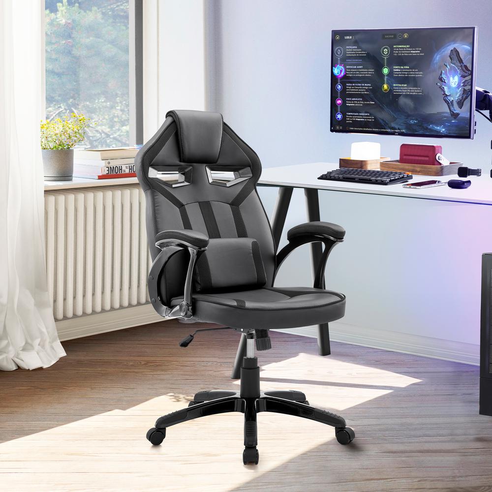 Aspect Adjustable Racing Gaming Chair in Black Faux Leather and Mesh with Lumbar Support Pillow. Picture 8